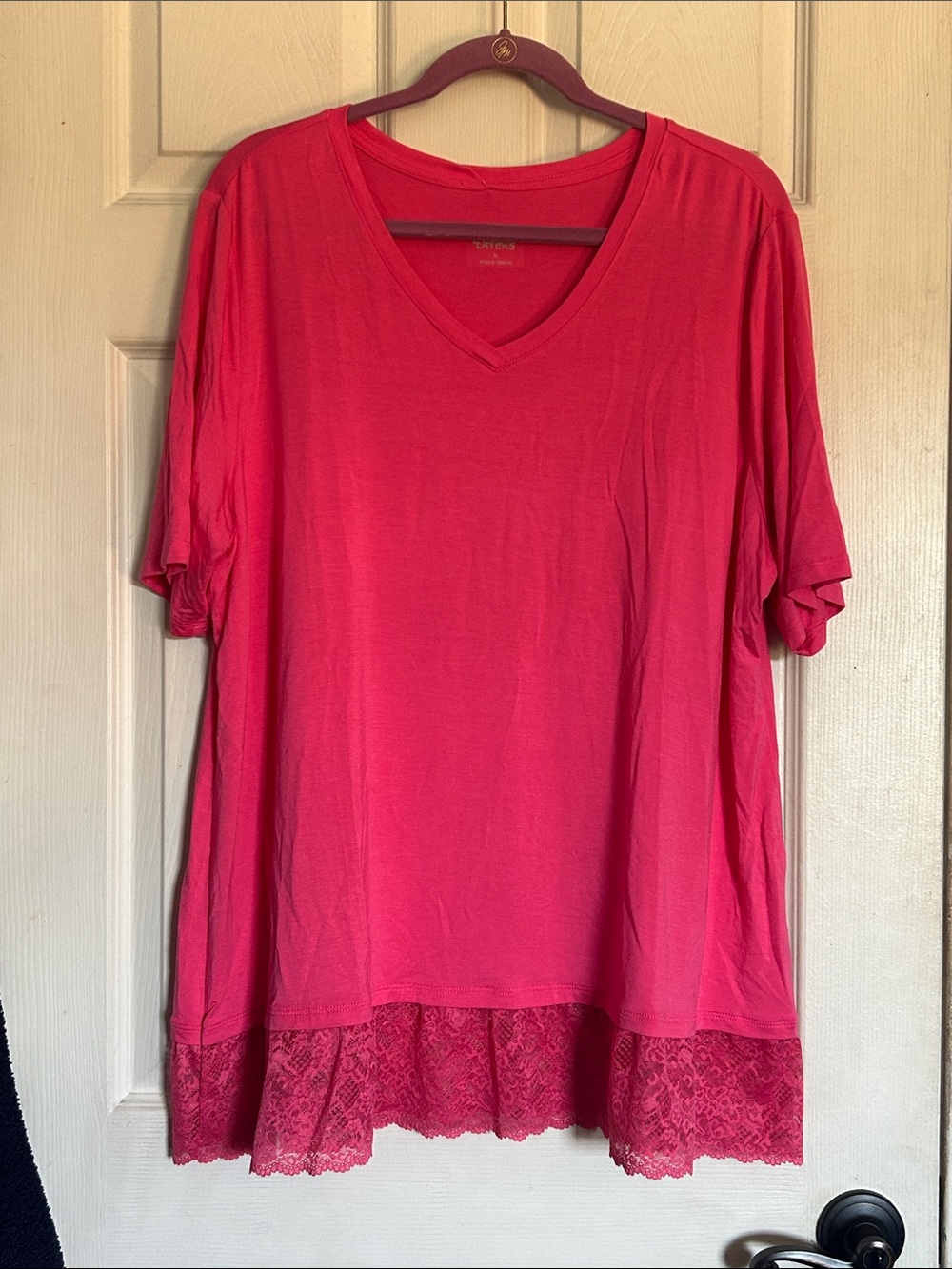 LOGO Layers by Lori Goldstein Elbow Sleeve Lace Hem Top honeysuckle pink size XL